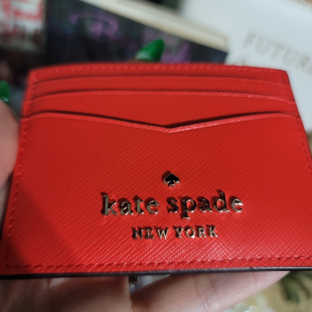 Kate Spade ♠️ Staci Small Slim Card Holder - Bright Melon Red & Silver KSNY Logo - Picture 3 of 11